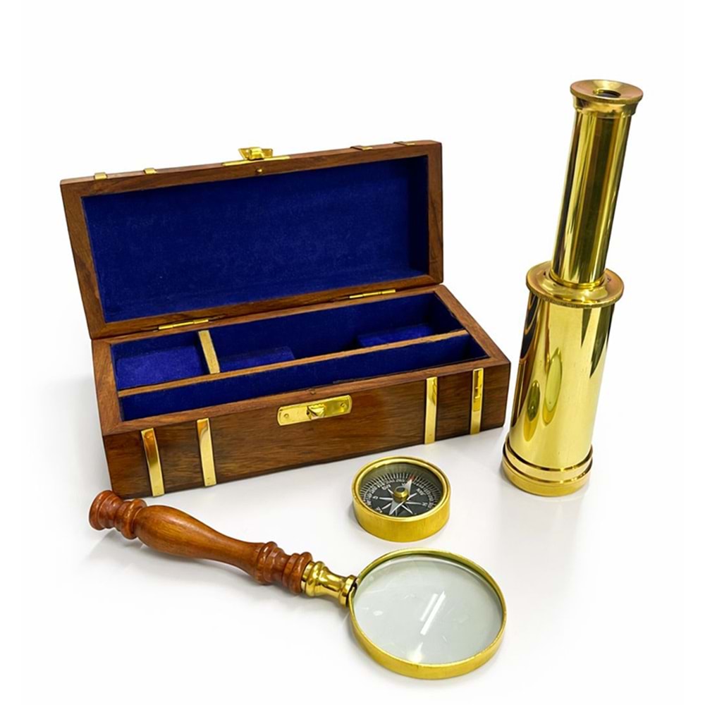 Ahşap Kutulu Pirinç Dürbün,Pusula,Büyüteç Seti 15304