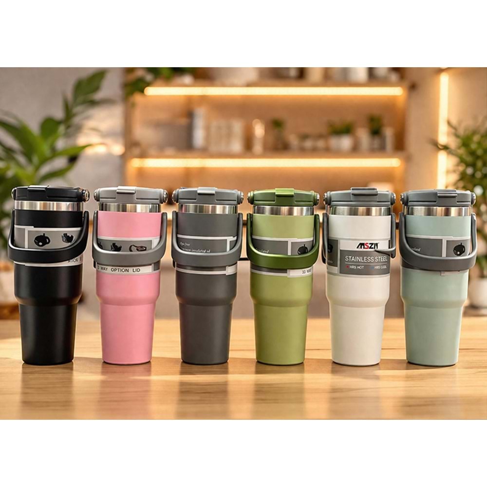 900 ml Taşıma Kulplu Paslanmaz Çelik Termos Mug - Vakumlu Isı Yalıtımlı Bardak ALK3137