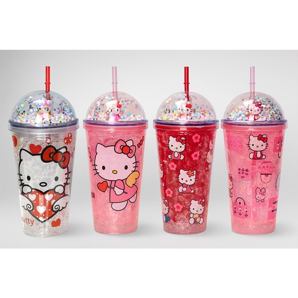 Sevimli Hello Kitty Işıklı Pipetli Boncuklu Suluk & Bardak 400 Ml Alk3145