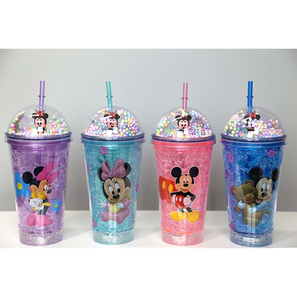 Sevimli Mickey Mouse Işıklı Pipetli Boncuklu Suluk & Bardak 400 Ml Alk3147