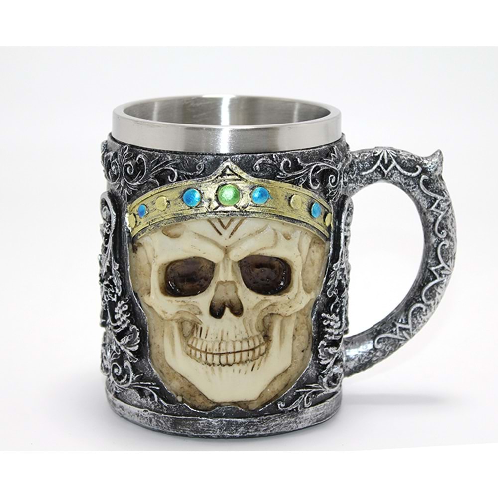 Taçlı Kurukafa Kralı 3D Kabartmalı Çelik Kupa Bardak Alk4381