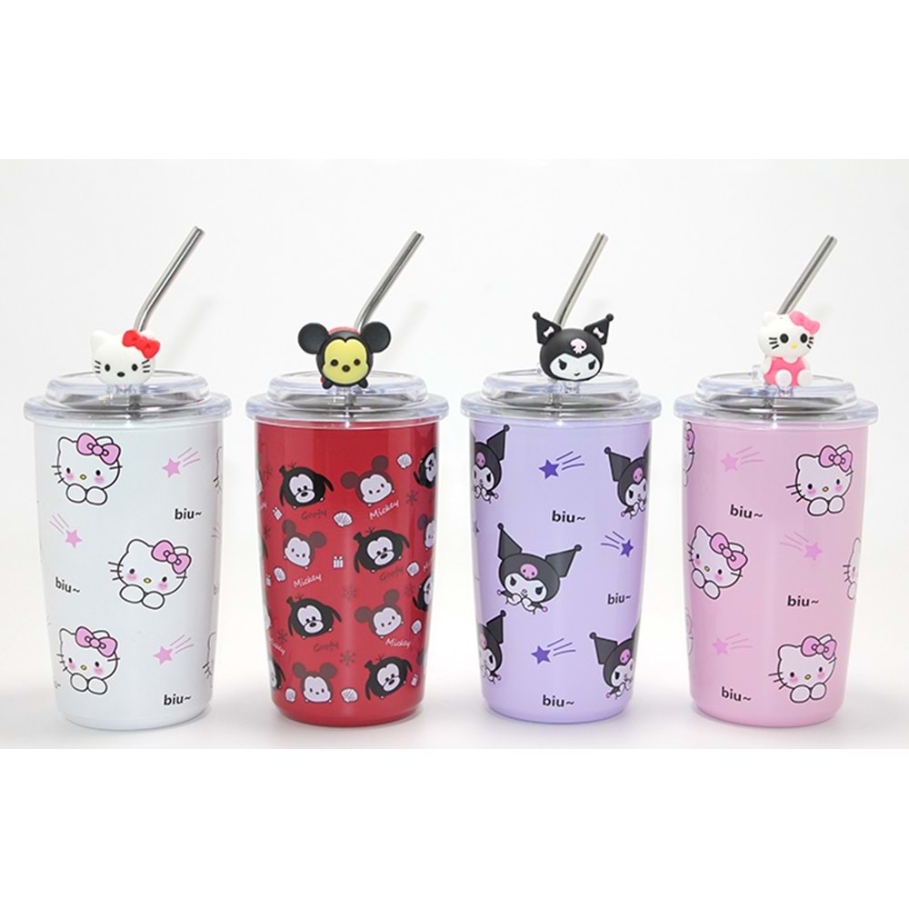 Sanrio Hello Kitty & Kuromi Figürlü Isı Muhafazalı Metal Pipetli Çelik Kupa Alk4428