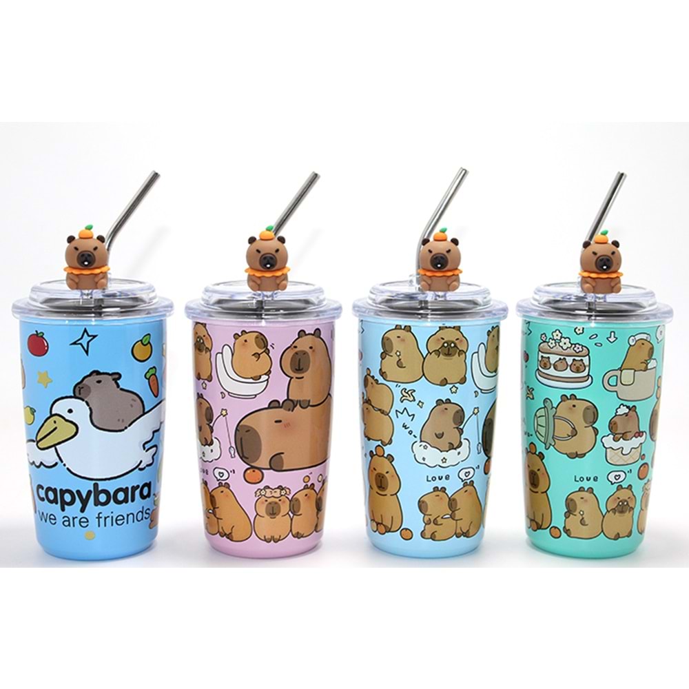 Kapibara Capybara Figürlü Isı Muhafazalı Metal Pipetli Paslanmaz Çelik Kupa Alk4429