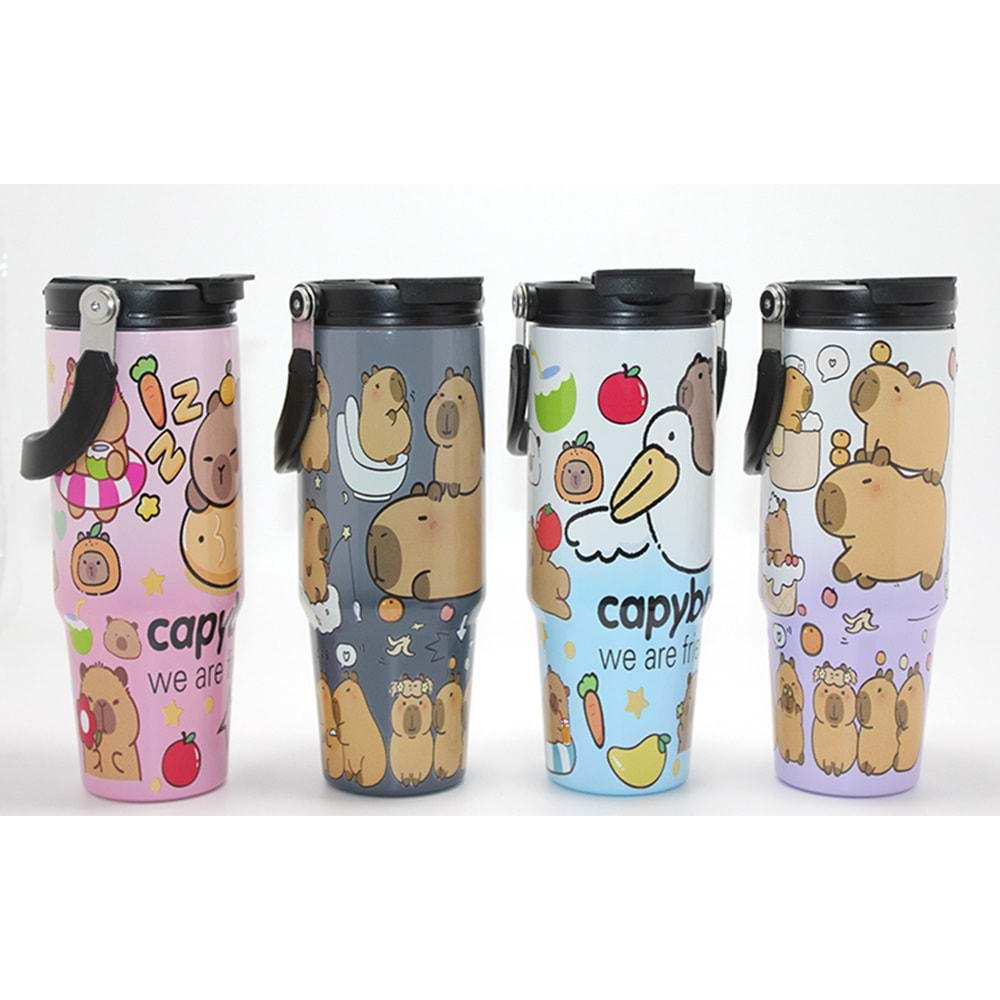 Kapibara Capybara Desenli Isı Muhafazalı Pipetli Dev Çelik Kupa (Tumbler) Alk4431
