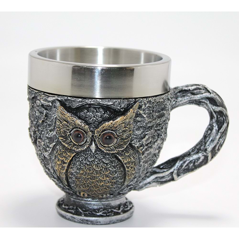 3D Kabartmalı Baykuş Büstü Paslanmaz Çelik Kupa Bardak Alk4482