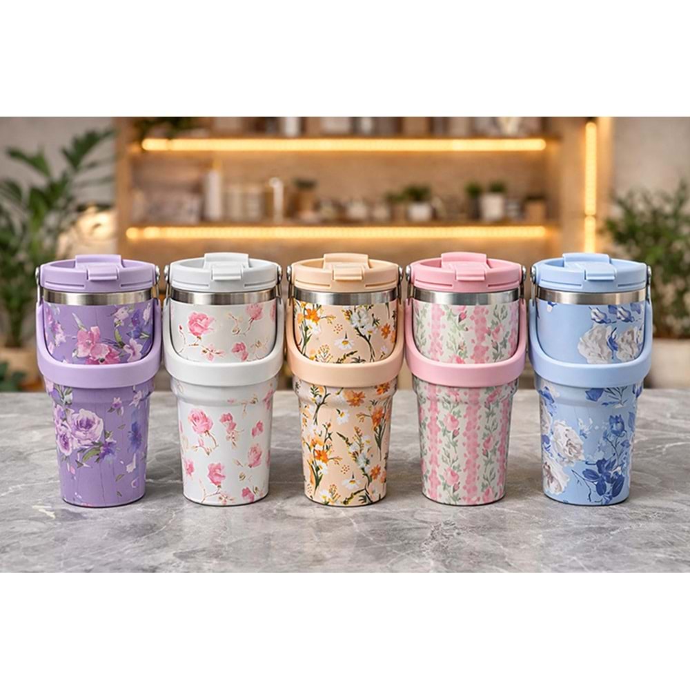 700 Ml Taşıma Kulplu Paslanmaz Çelik Termos Mug - Vakumlu Isı Yalıtımlı Bardak Alk4629