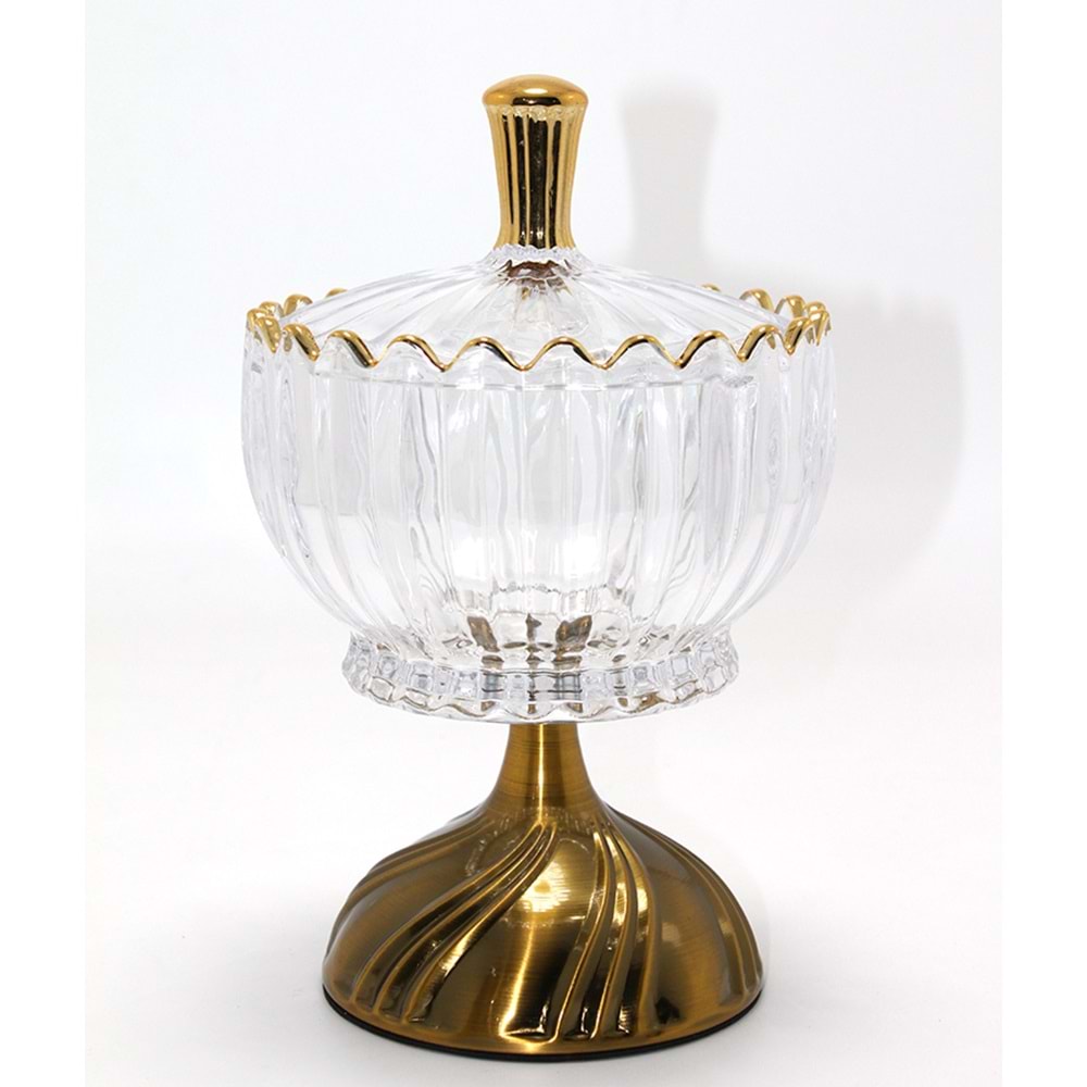 Metal Ayaklı Kristal Cam Şekerlik Gold Detaylı Sunumluk Alk4871