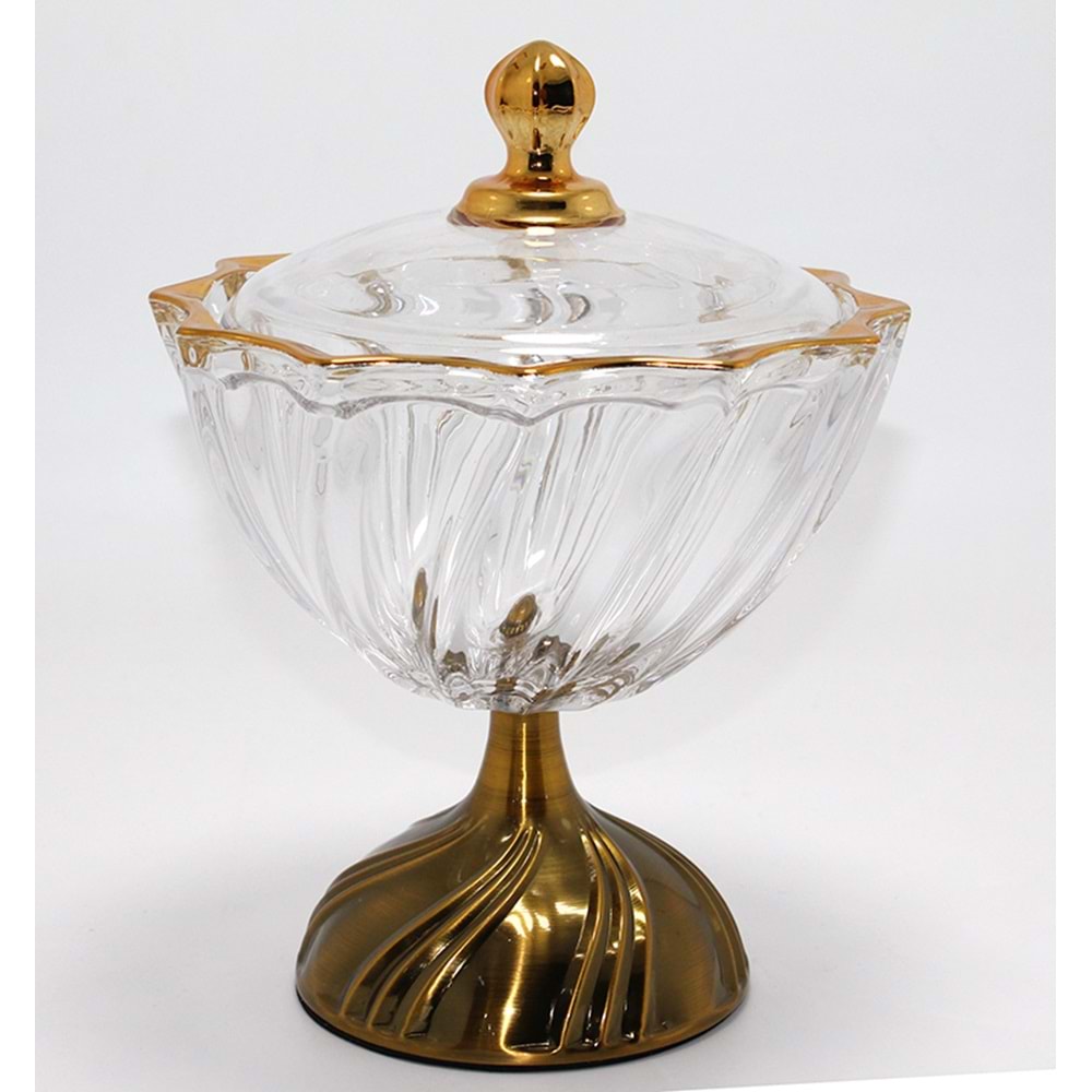 Metal Ayaklı Kristal Cam Şekerlik Gold Detaylı Sunumluk Alk4872
