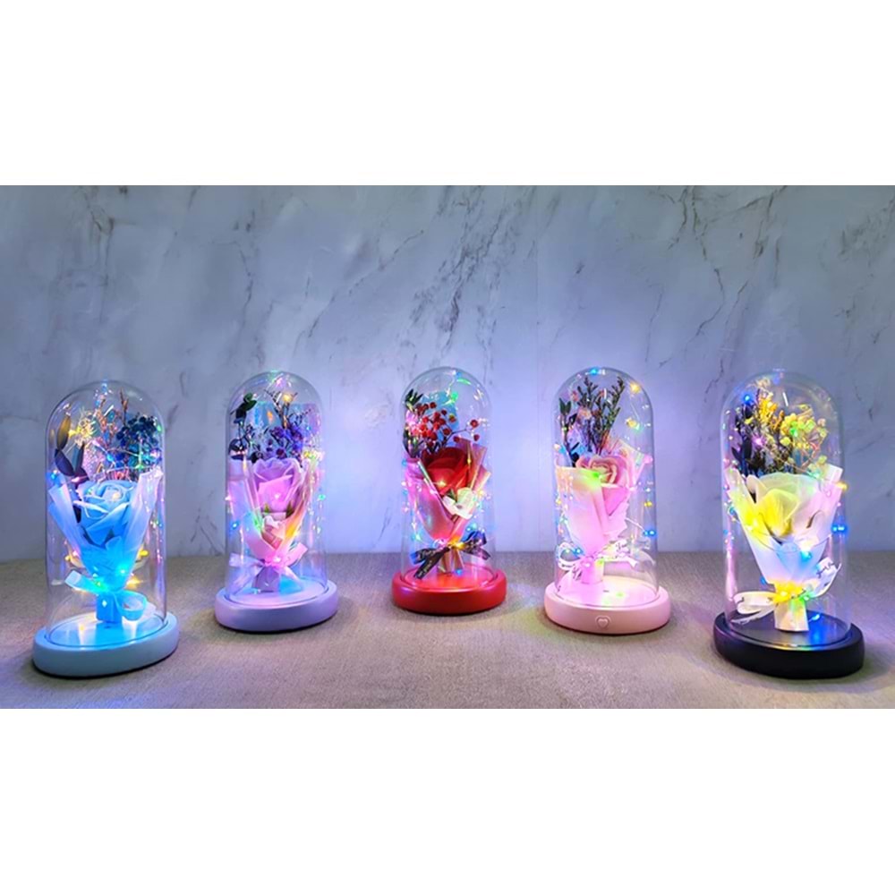 Işıklı Müzikli Cam Fanus İçinde Lavantalı Romantik Gül Alk5001