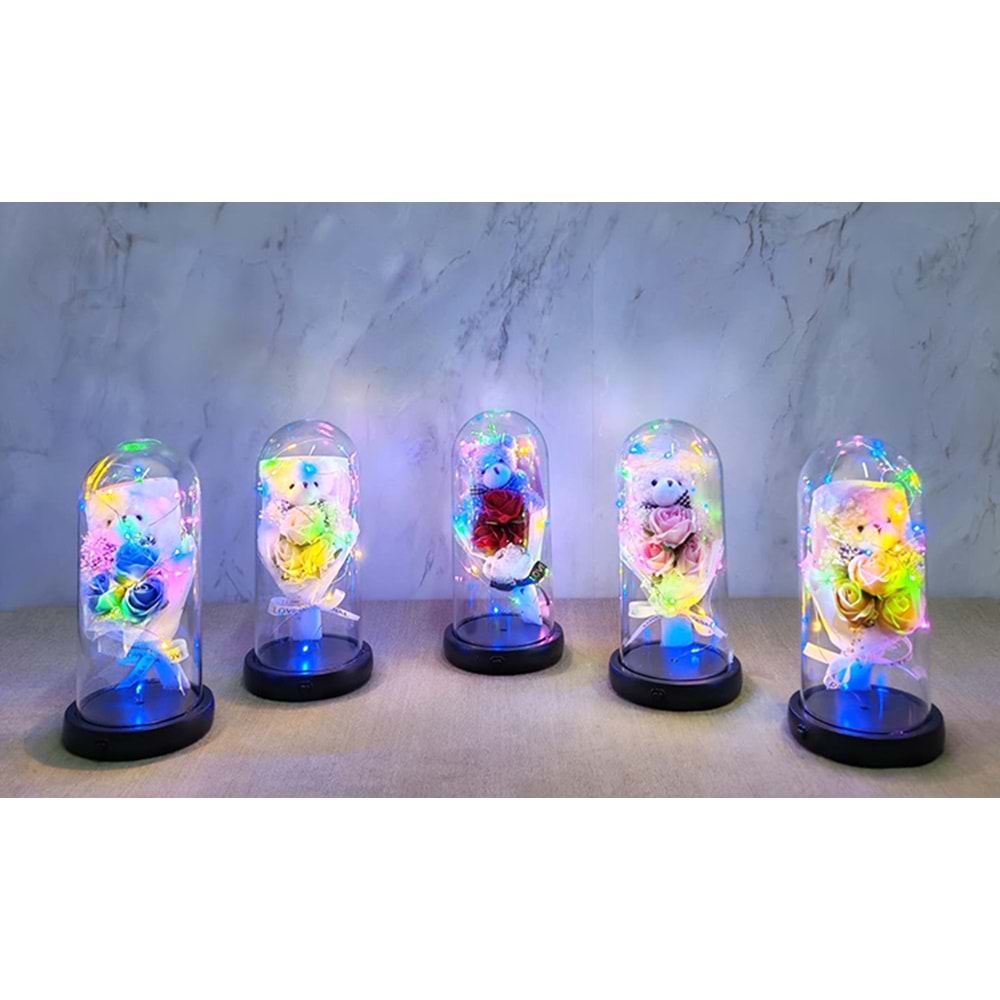 Işıklı Müzikli Fanus içinde Sevimli Ayıcıklı Gül Buketi Alk5002