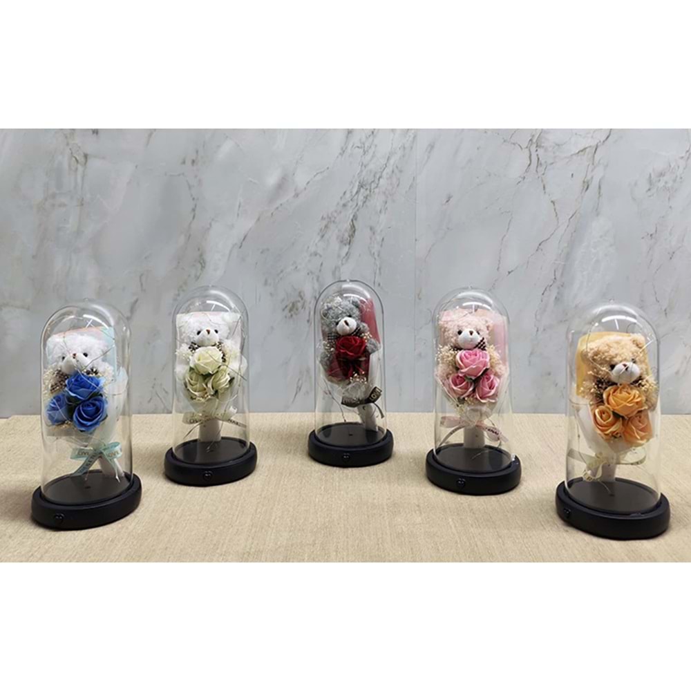 Işıklı Müzikli Fanus içinde Sevimli Ayıcıklı Gül Buketi Alk5002