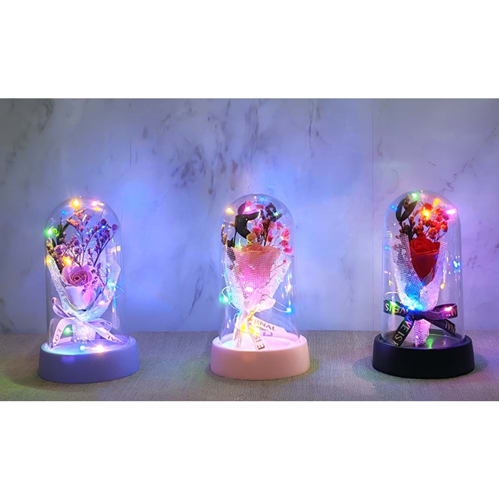 LED Işıklı Müzikli Cam Fanus İçinde Gül Buketi Alk5006