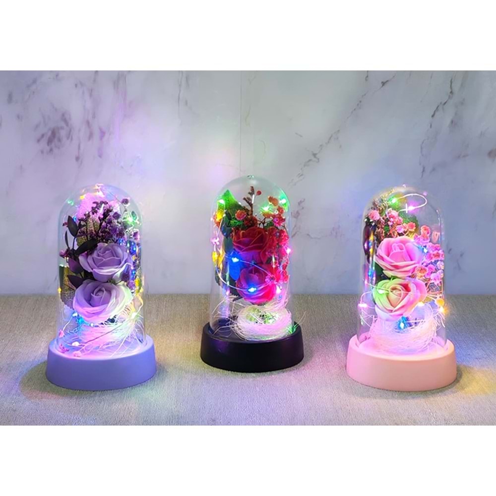 Işıklı Müzikli Romantik Fanus Tekli Gül Alk5007