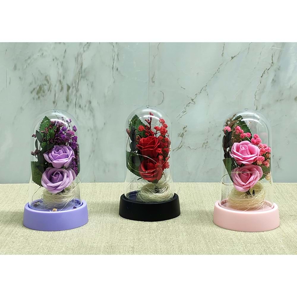 Işıklı Müzikli Romantik Fanus Tekli Gül Alk5007