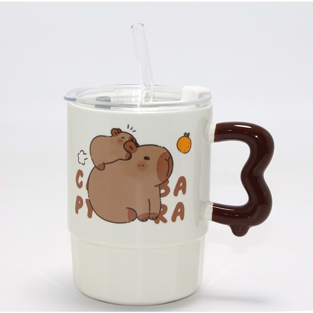 Sevimli Kapibara Capybara Figürlü Kapaklı Porselen Kupa Bardak Alk5040