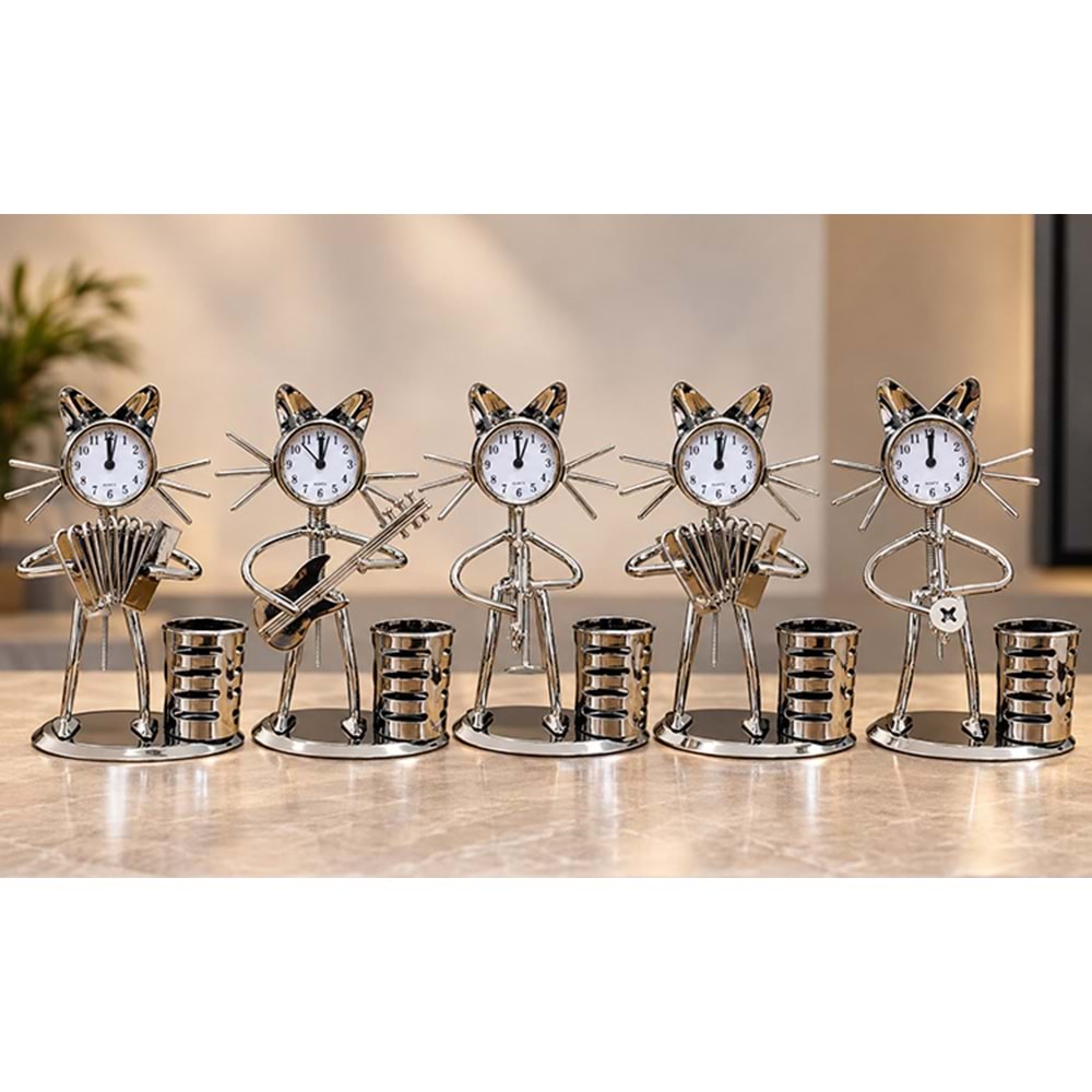 Metal Müzisyen Kedi Saatli Kalemlik Alk6229