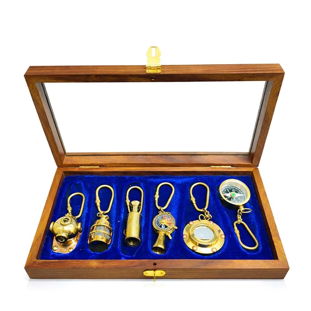 Ahşap Kutulu Denizci Temalı Pirinç Anahtarlık Seti KEY-0285