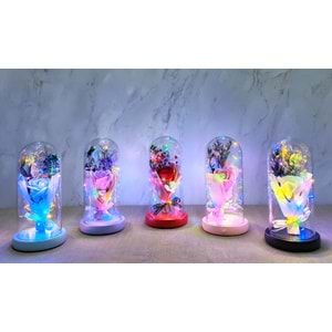 Işıklı Müzikli Cam Fanus İçinde Lavantalı Romantik Gül Alk5001