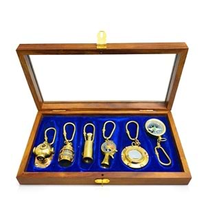 Ahşap Kutulu Denizci Temalı Pirinç Anahtarlık Seti KEY-0285
