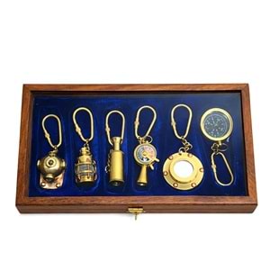 Ahşap Kutulu Denizci Temalı Pirinç Anahtarlık Seti KEY-0285