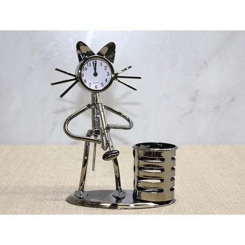 Metal Saksafon Çalan Kedi Müzisyen Saat Ve Kalemlik Alk4346