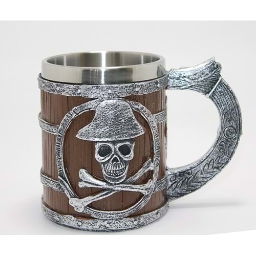 Korsan Temalı Ahşap Görünümlü 3D Kabartmalı Çelik Kupa Bardak Alk4372