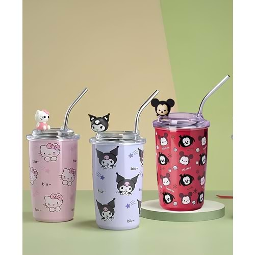 Kuromi,Hello Kitty,Ve Mickey Mouse Pipetli Bardak Termos Alk2965