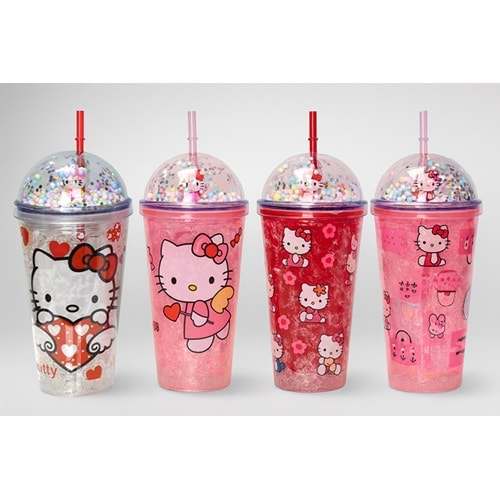 Sevimli Hello Kitty Işıklı Pipetli Boncuklu Suluk & Bardak 400 Ml Alk3145
