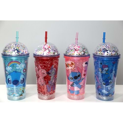 Sevimli Stitch Işıklı Pipetli Pullu Suluk & Bardak 400 Ml Alk3146