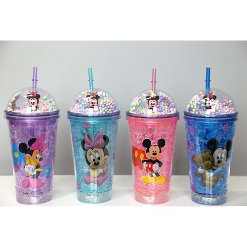 Sevimli Mickey Mouse Işıklı Pipetli Boncuklu Suluk & Bardak 400 Ml Alk3147