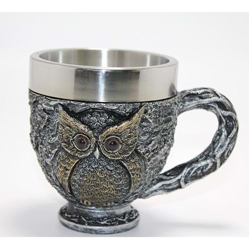 3D Kabartmalı Baykuş Büstü Paslanmaz Çelik Kupa Bardak Alk4482