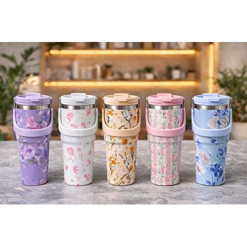 900 Ml Taşıma Kulplu Paslanmaz Çelik Termos Mug - Vakumlu Isı Yalıtımlı Bardak Alk4630