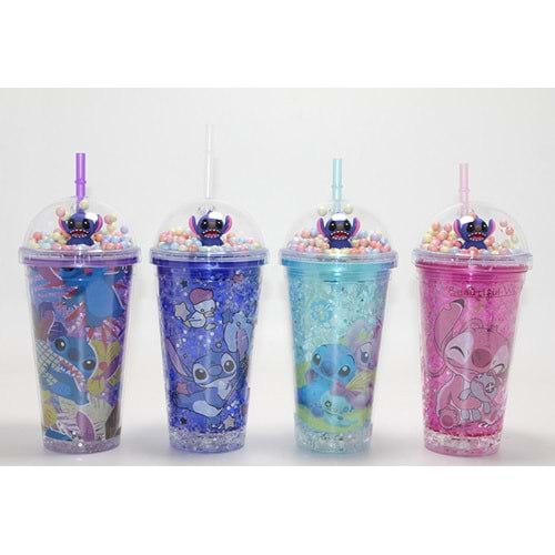 Sevimli Stitch Işıklı Pipetli Pullu Suluk & Bardak 400 Ml Alk4704