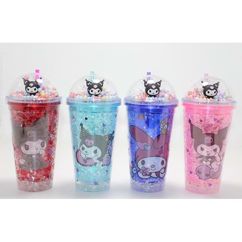 Sevimli Kuromi Işıklı Pipetli Boncuklu Suluk & Bardak 400 Ml Alk4705