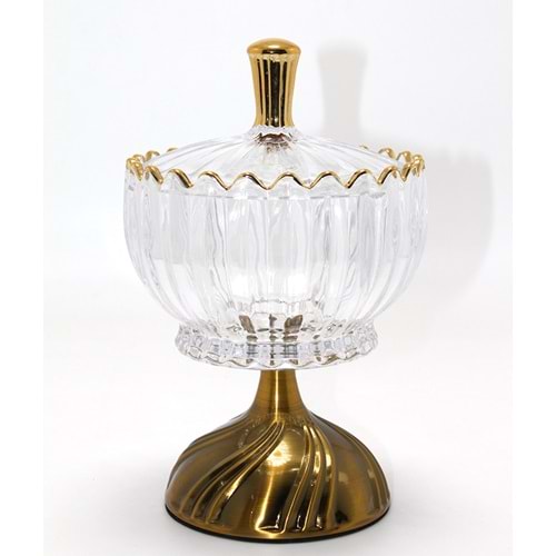 Metal Ayaklı Kristal Cam Şekerlik Gold Detaylı Sunumluk Alk4871