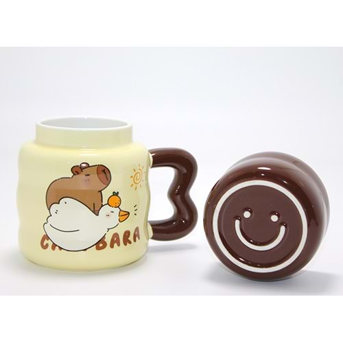 Kapibara Capybara Tasarımlı Isı Muhafazalı Kapaklı Porselen Bardak Bardak Alk5043