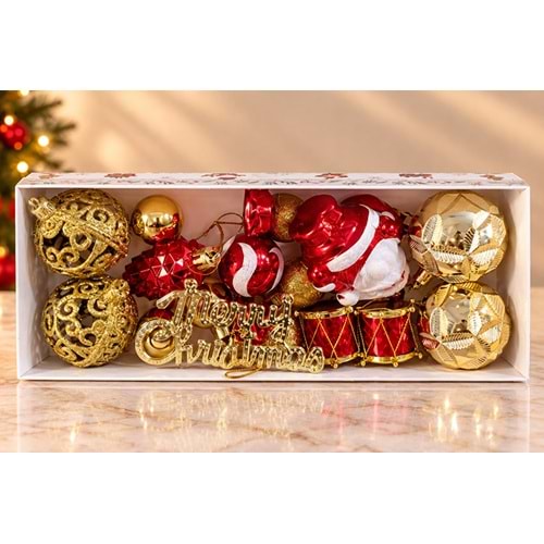 Kırmızı Gold Karışık Desenli Yılbaşı Ağacı Süs Topları 16'Lı Set Alk6035