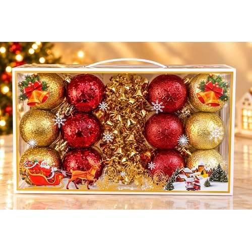 Kırmızı Gold Simli Ve Kar Tanesi Desenli Yılbaşı Ağacı Süs Topları 15'Li Set Alk6037
