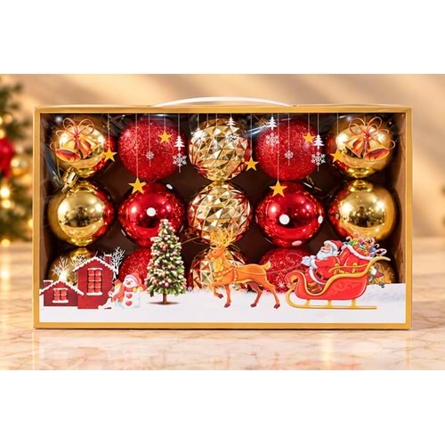 Kırmızı Gold Simli Ve Kabartma Desenli Yılbaşı Ağacı Süs Topları 15'Li Set Alk6044