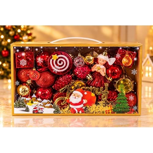 Kırmızı Gold Noel Baba Ve Şeker Figürlü Yılbaşı Ağacı Asma Süs Seti 25'Li Alk6045