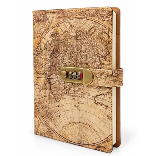 Şifreli Vintage Dünya Haritası Desenli Defter Alk6472
