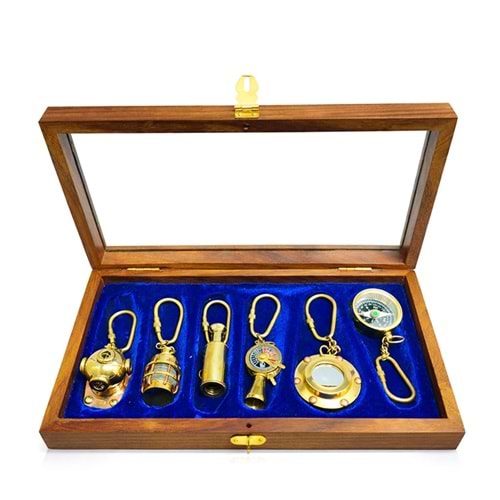 Ahşap Kutulu Denizci Temalı Pirinç Anahtarlık Seti KEY-0285