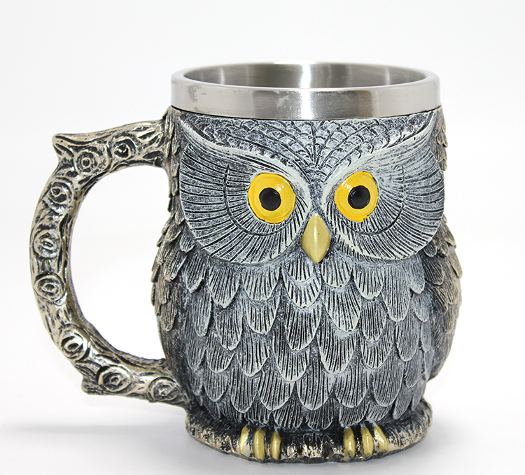 Bilge Baykuş Figürlü 3D Kabartmalı Paslanmaz Çelik Kupa Bardak Alk4383
