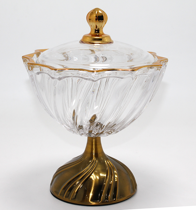 Metal Ayaklı Kristal Cam Şekerlik Gold Detaylı Sunumluk Alk4872