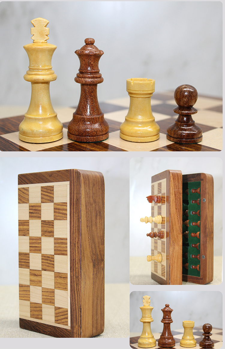 Özel Vernikli Mıknatıs Taşlı Ahşap Katlanabilir Kutulu Satranç Oyunu 12.5 Cm G220