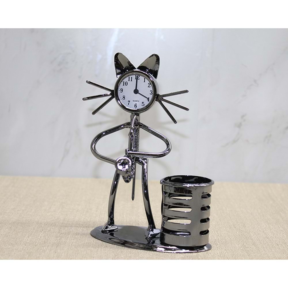 Metal Saksafon Çalan Kedi Müzisyen Saat Ve Kalemlik Alk4343
