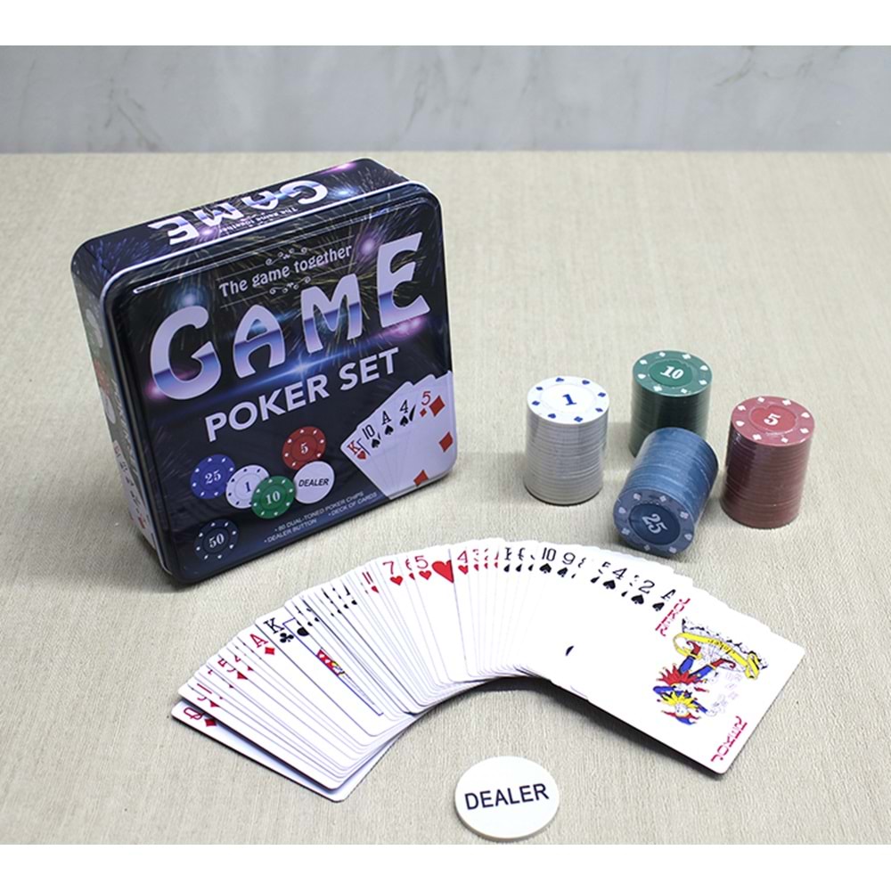 Metal Kutulu 80 Chip Ve 1 Adet İskambil Kağit Setine Sahip Poker Oyunu Alk3534
