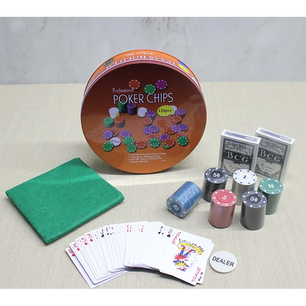 Metal Kutulu 120 Chip Ve 2 Adet İskambil Kağit Setine Sahip Poker Oyunu Alk3535