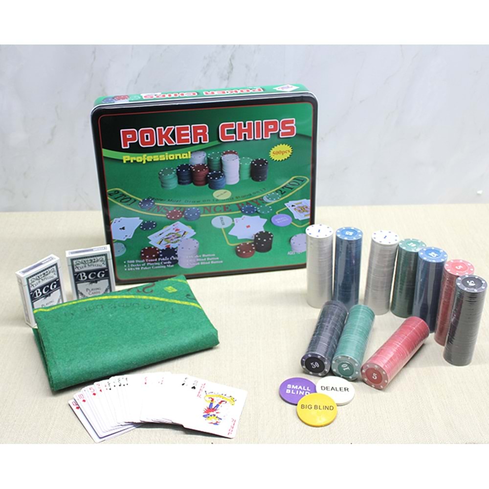 Metal Kutulu 500 Chip Ve 2 Adet İskambil Kağit Setine Sahip Poker Oyunu Alk3540