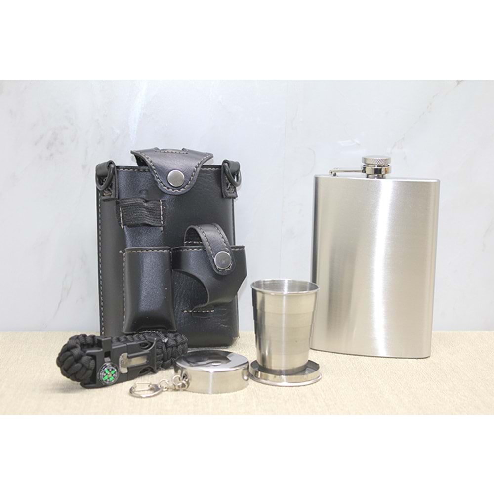 Deri Kılıflı Shot Bardaklı Matara Alk3913